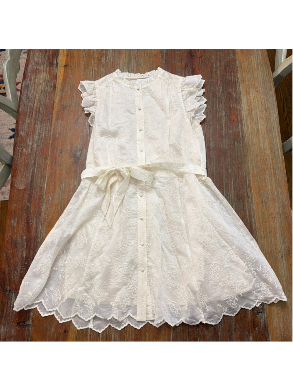 LUCY PARIS Small Ivory Cream Floral Embroidered Scallop Eyelet Mini Dress Belted